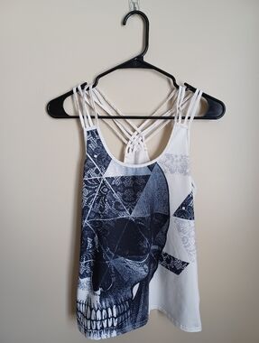 Women's Size Large Skull Design White Black Polyester Spandex Tank Top